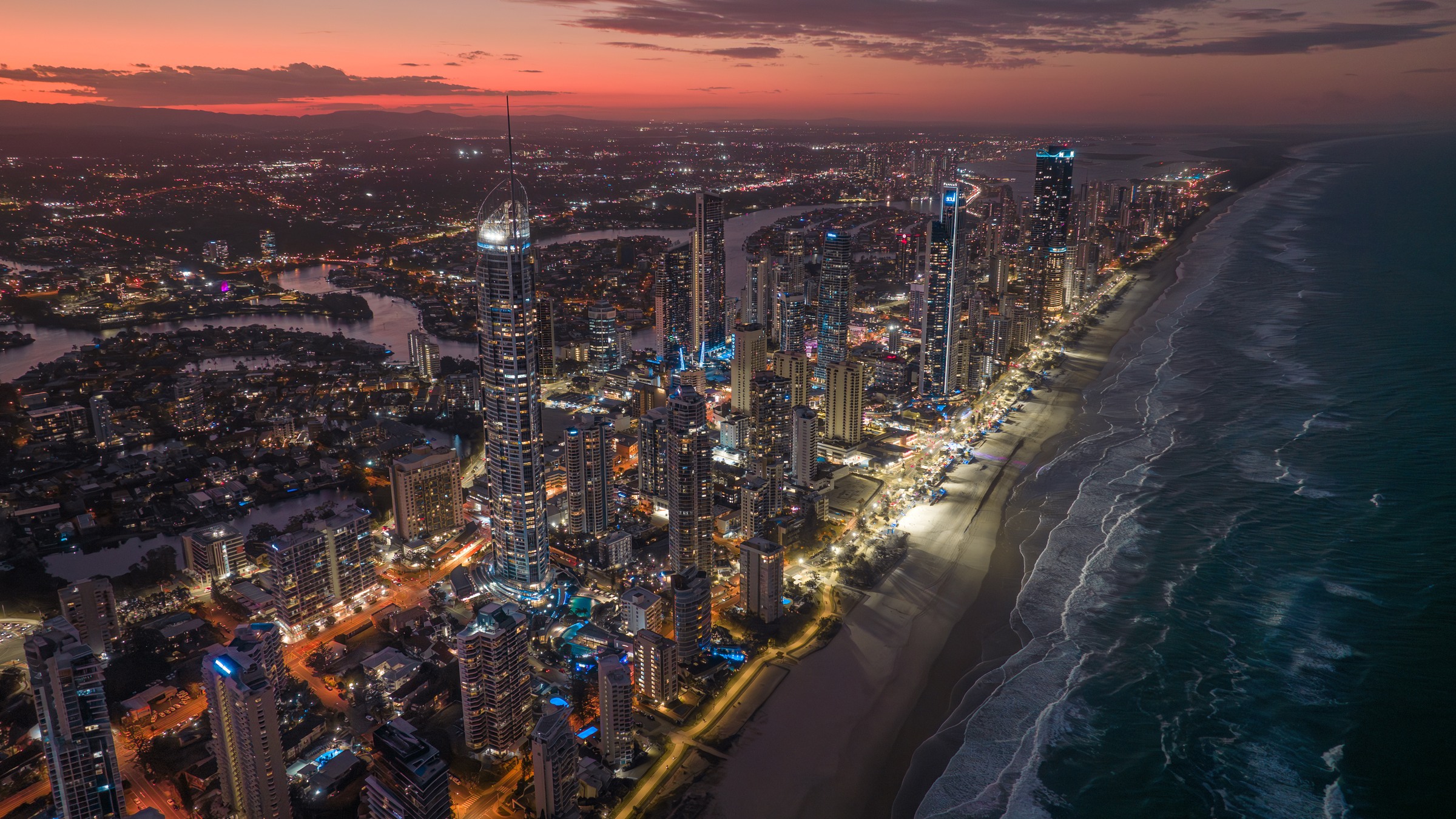 UNREAL aerial, Gold Coast skyline at dusk